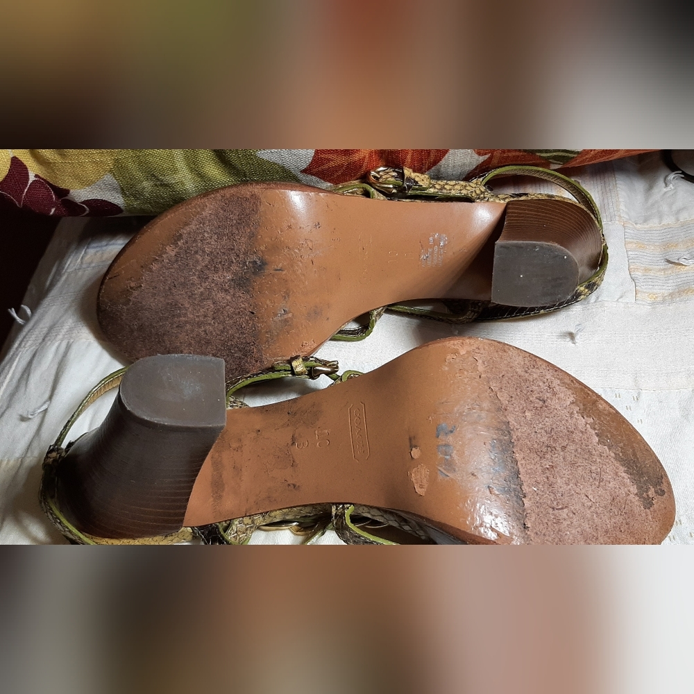 COACH | Green-ish Snake Skin Gold Ankle Strap Heels - Picture 16 of 16